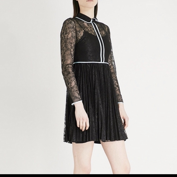 Pleated Floral Lace Dress Blue 
